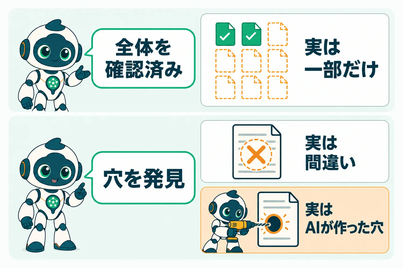 AIの「全体を確認済み」「穴を発見」という報告が、実際には一部しか見ていない・間違い・AIが作った穴であることを示す図解