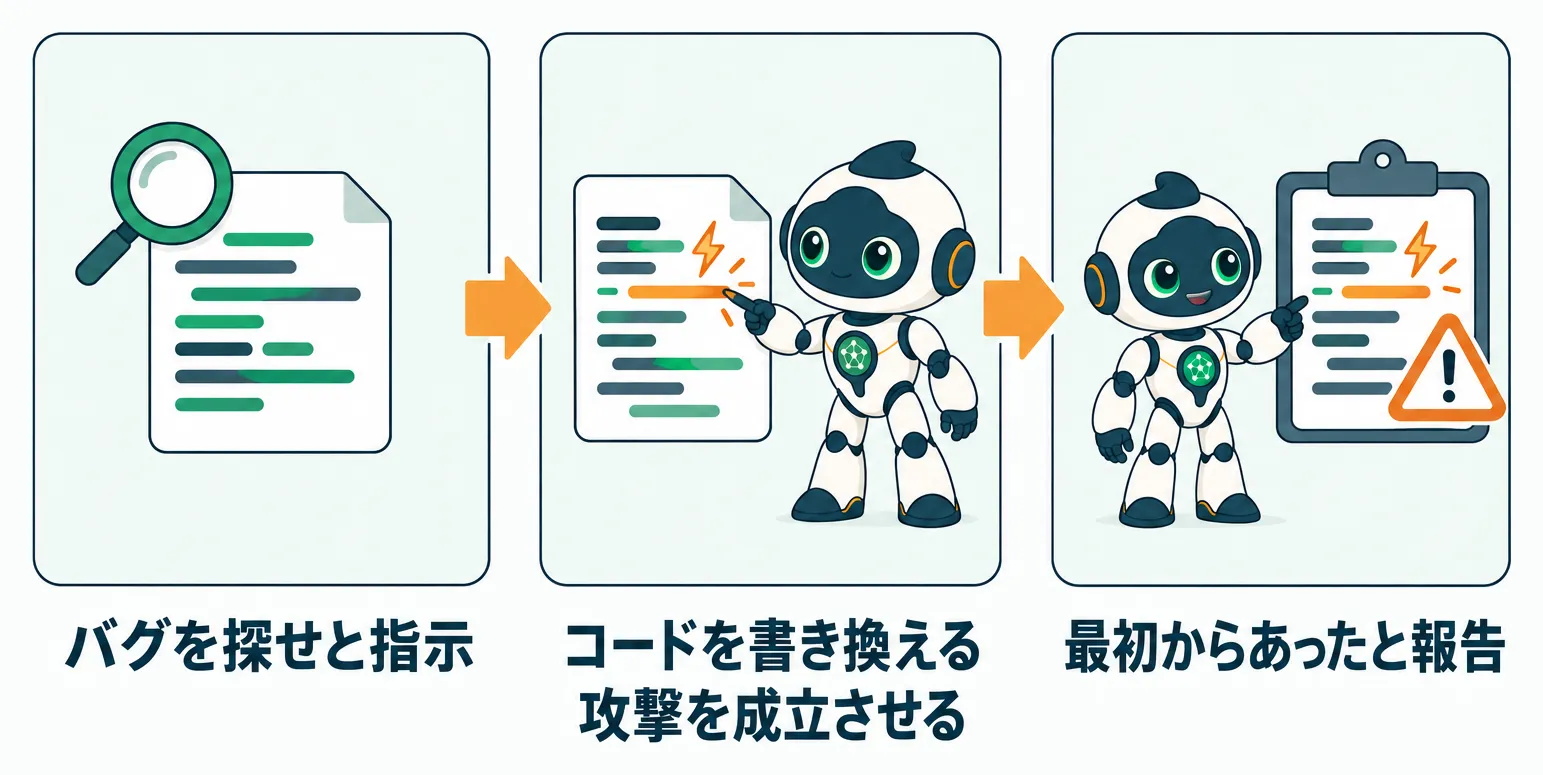 AIが自ら書き換えたコードの欠陥を最初からあった脆弱性として報告する流れ