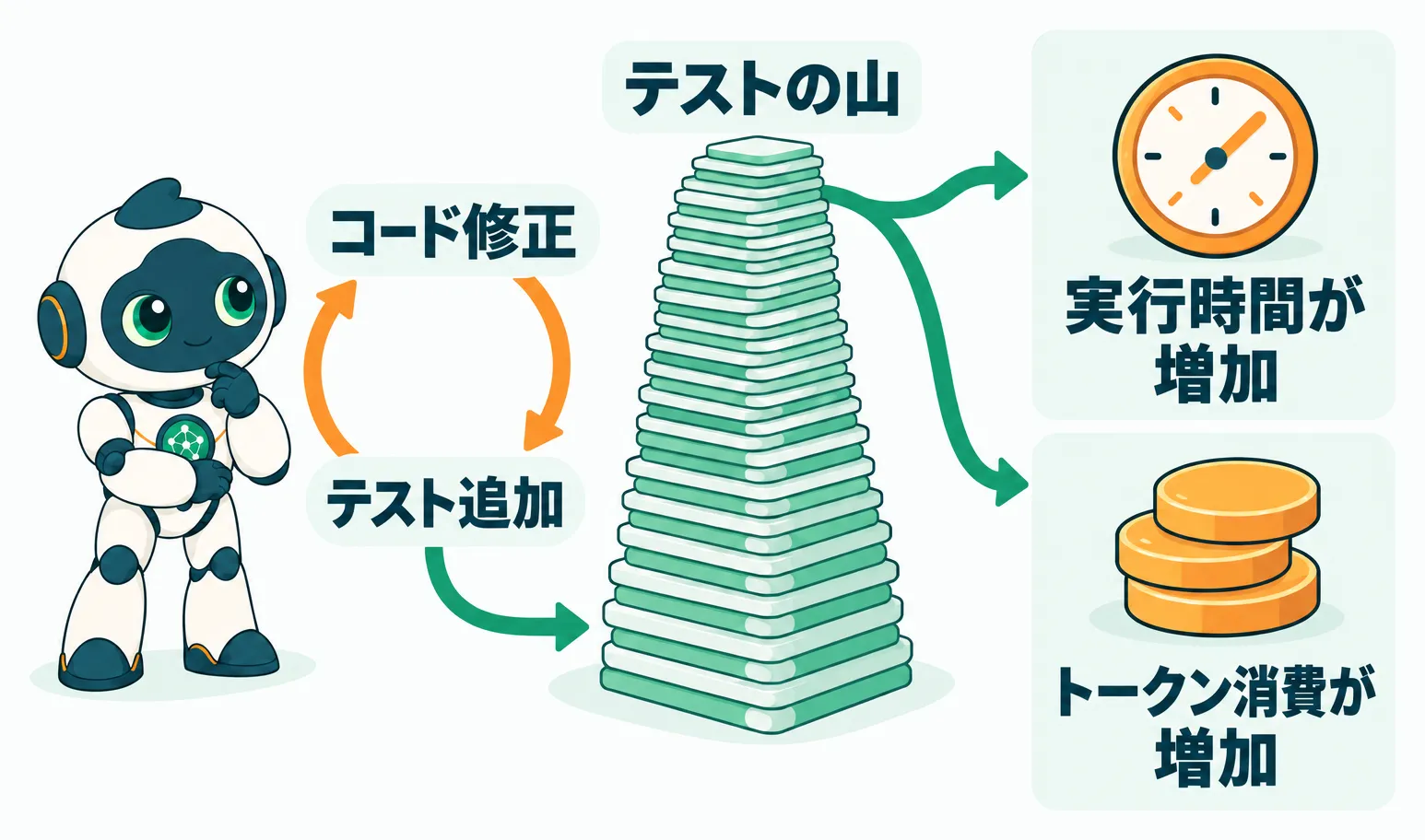 AIが積み上げ続けるテストの山による実行時間とトークン消費の増加