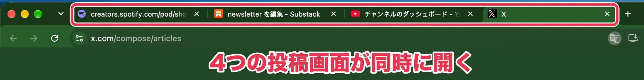 ワークフローの実行でSpotify・Substack・YouTube・Xの投稿画面がタブで開いたChrome