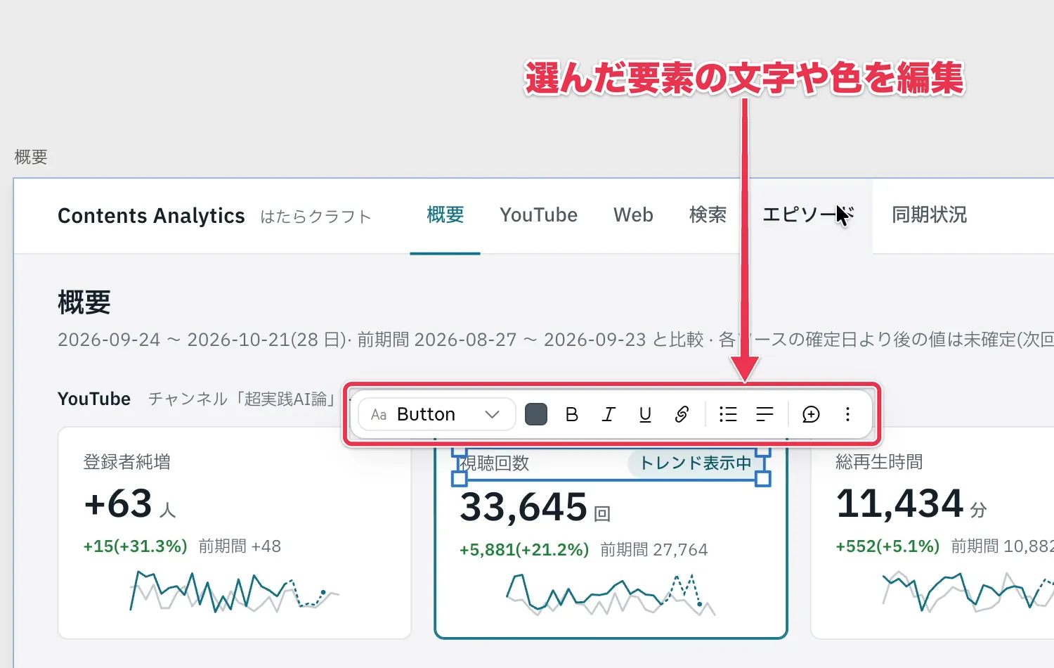 アートボードで視聴回数の見出しを選び、文字や色を編集するツールバーが表示された画面