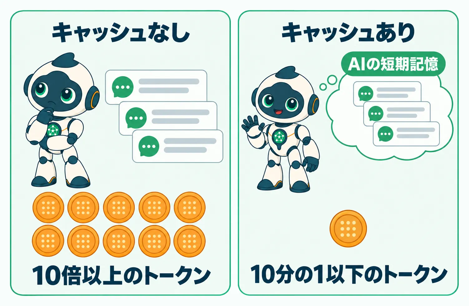 キャッシュなしで10倍以上、キャッシュあり(AIの短期記憶)で10分の1以下になる会話の読み込みトークンの比較図