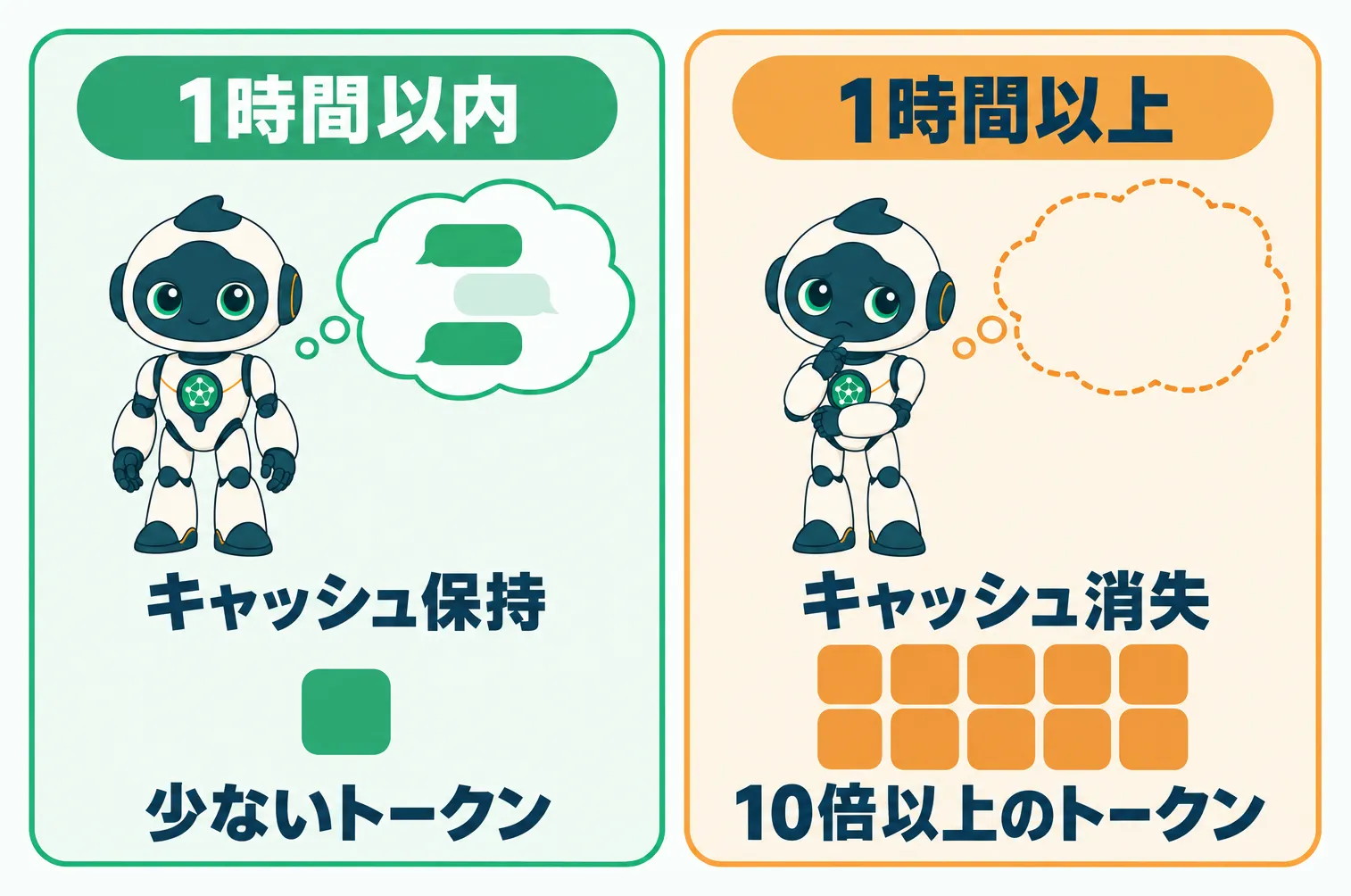 1時間以内はキャッシュが残ってトークンが少なく、1時間以上はキャッシュが消えて10倍以上のトークンを消費する対比