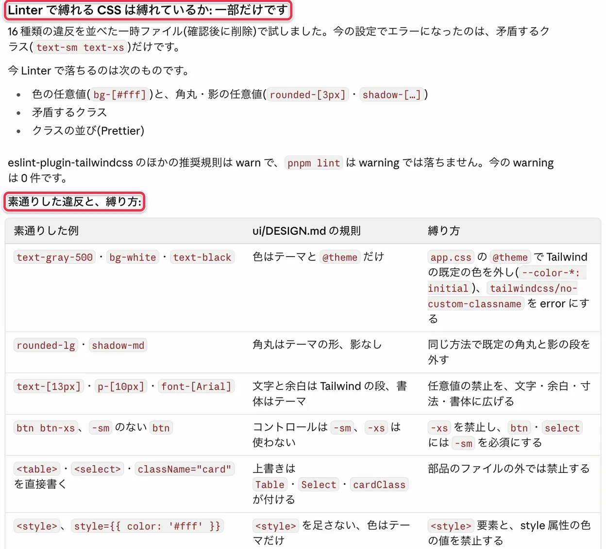 今のLinterで縛れるのは一部だけと答え、素通りした違反と縛り方を表にまとめたClaude Codeの画面