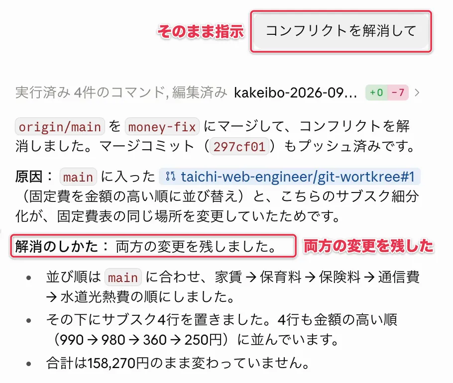 「コンフリクトを解消して」の指示に、両方の変更を残して解消したと報告するClaude Codeの画面