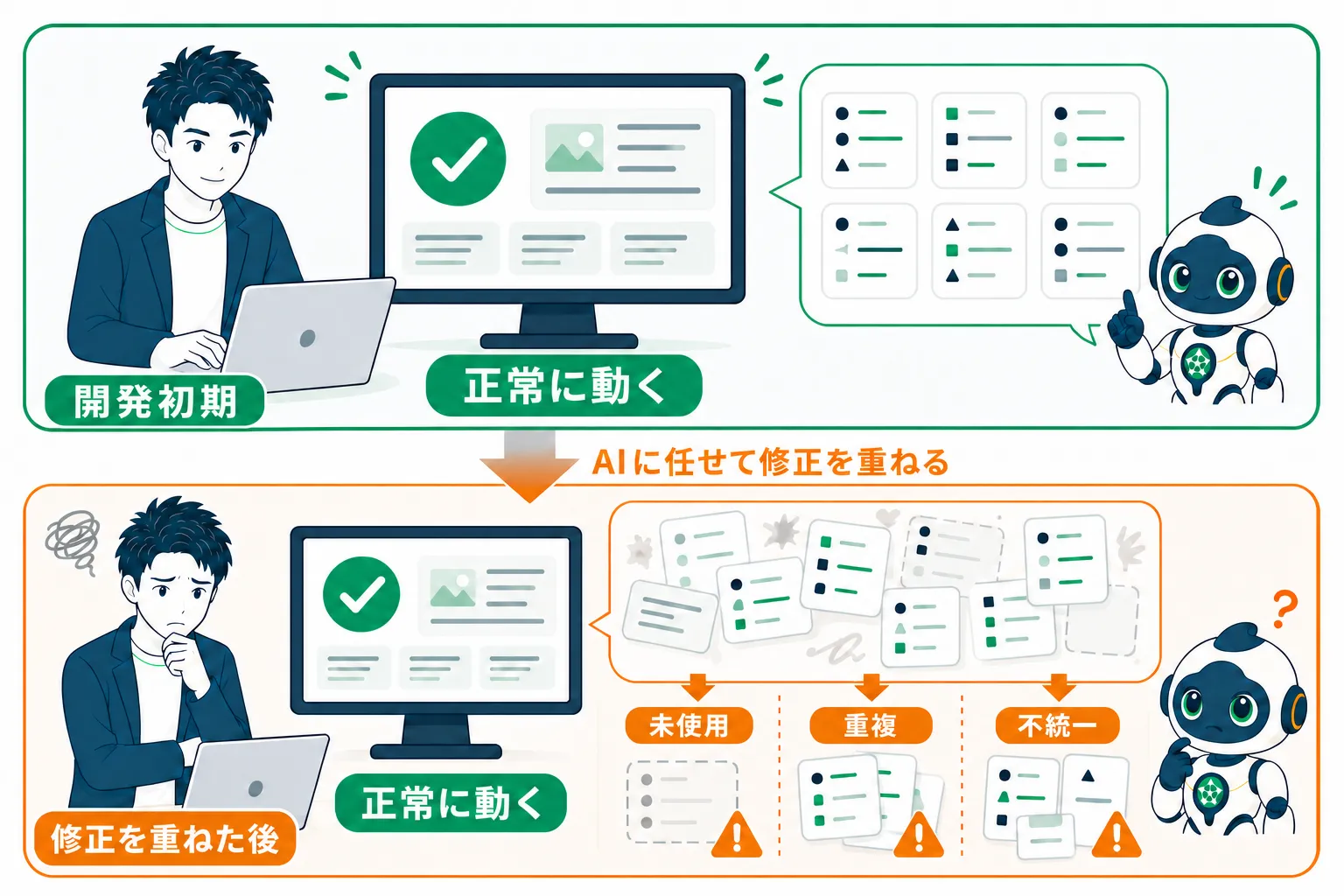 画面は動いていても未使用・重複・不統一なコードがたまる様子