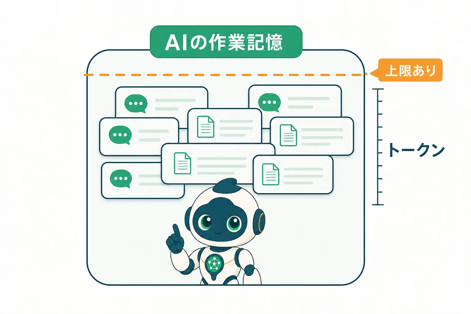 AIの作業記憶に上限があるコンテキストウィンドウの図解