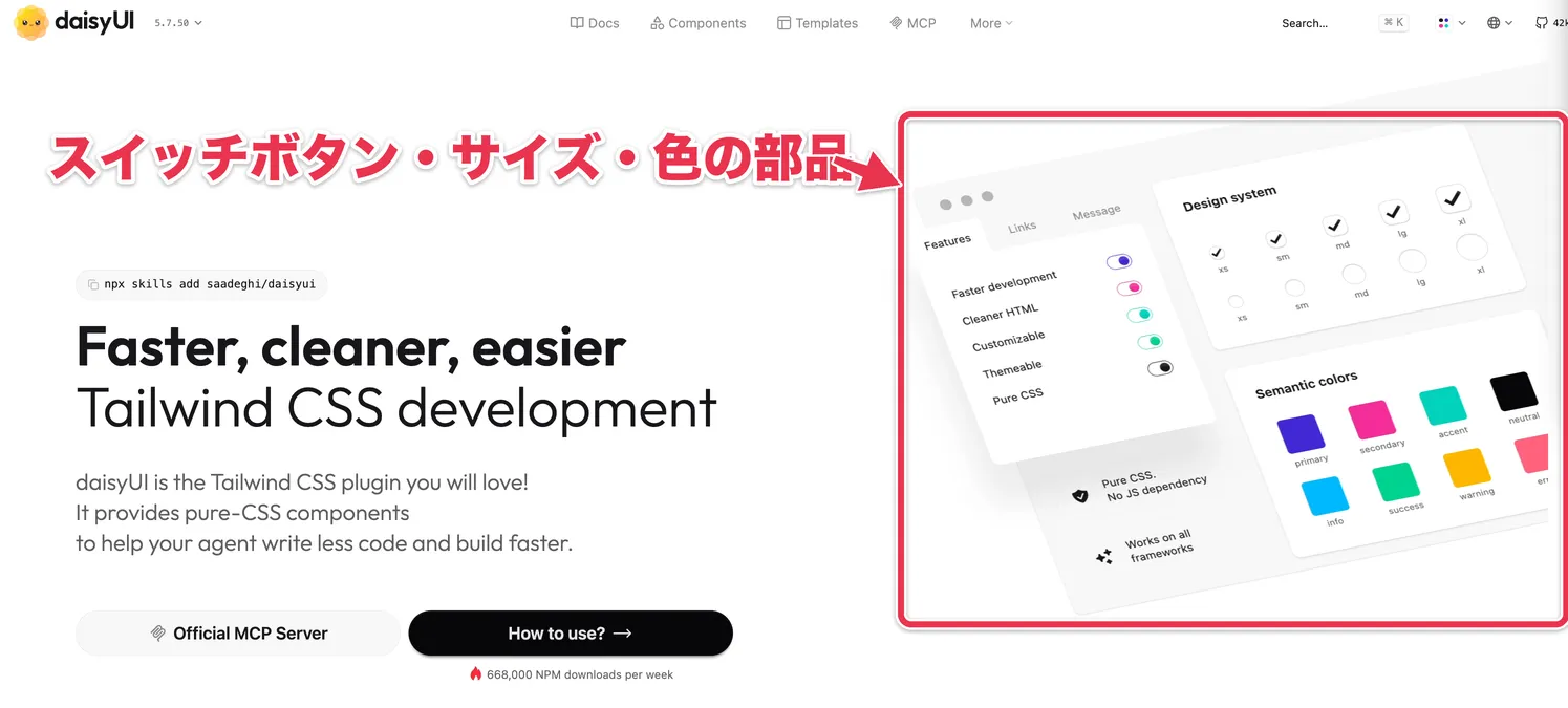 スイッチボタンやサイズ、色の部品が並ぶdaisyUIの公式サイト