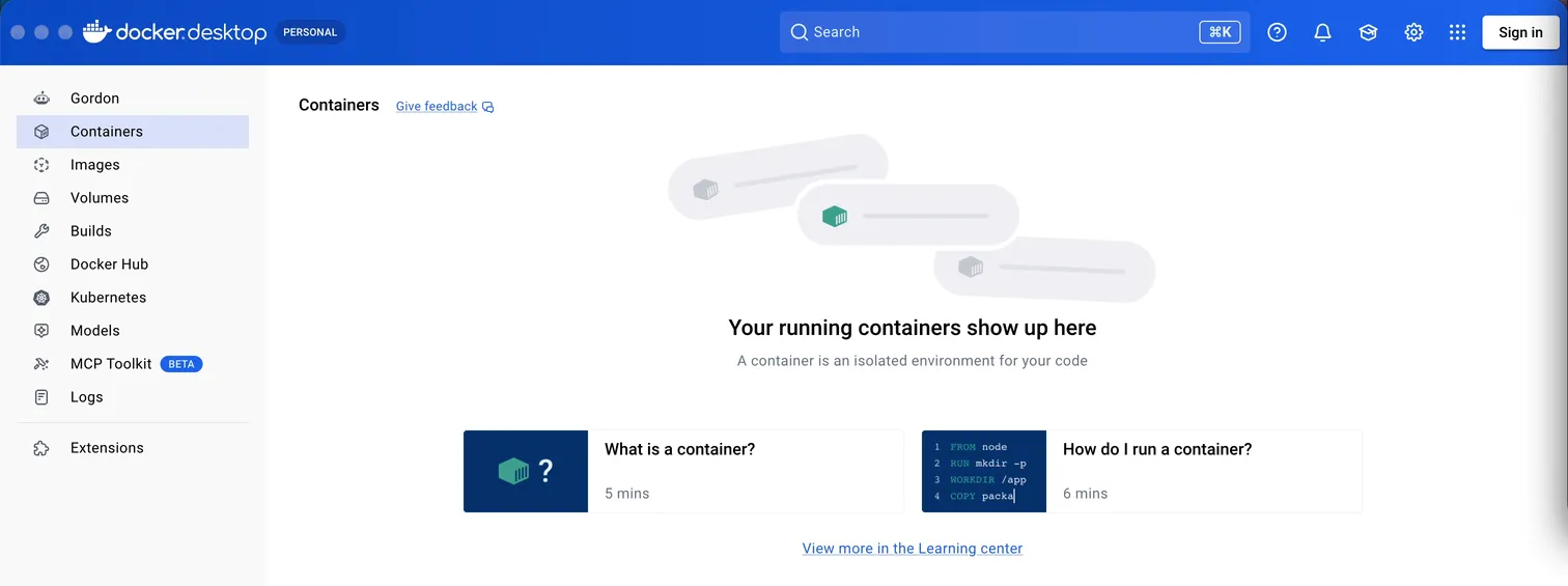 インストールして立ち上げたDocker Desktopの画面
