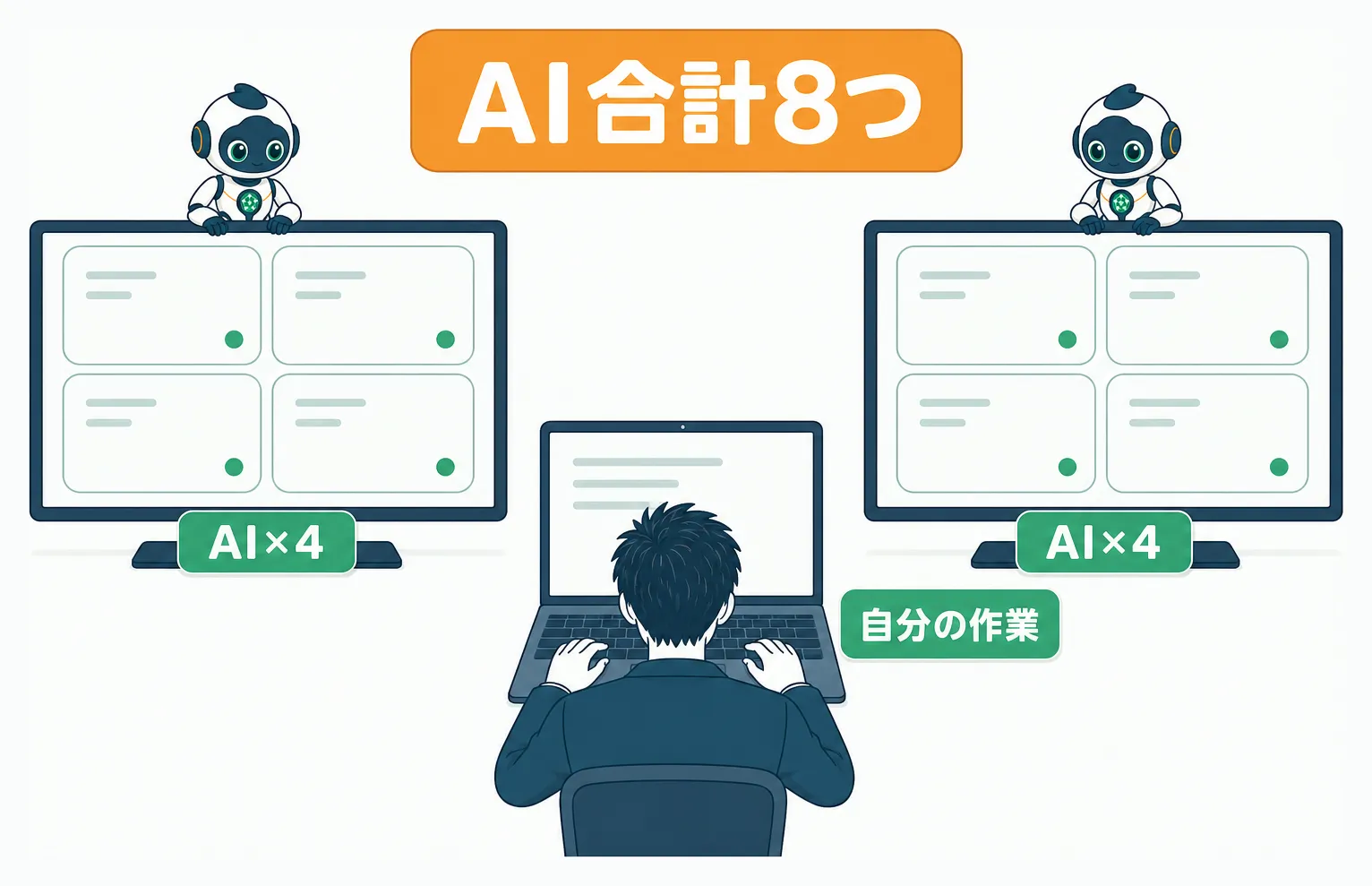 モニター2枚にAI作業ウィンドウを4つずつ計8つ並べ、パソコン本体の画面で自分の作業を行う配置
