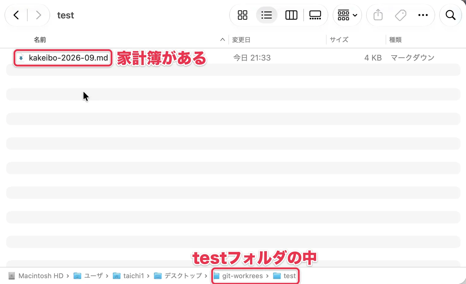 worktree置き場のtestフォルダに、家計簿のファイルが入った画面