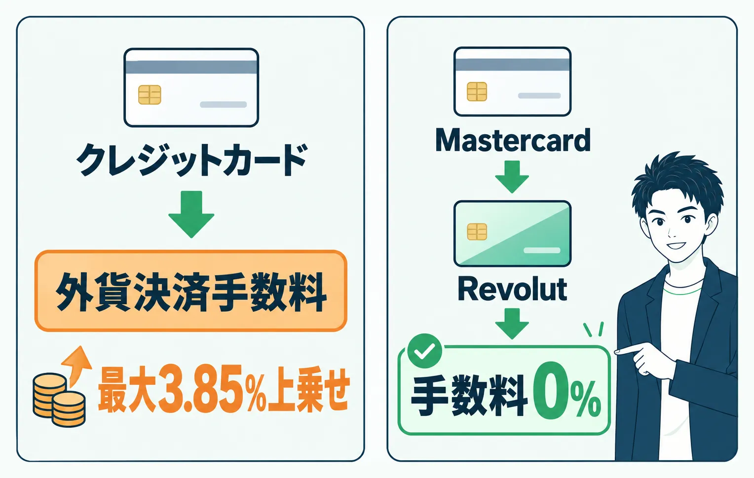 クレジットカードの外貨決済手数料とRevolut払いで手数料ゼロになる流れの比較