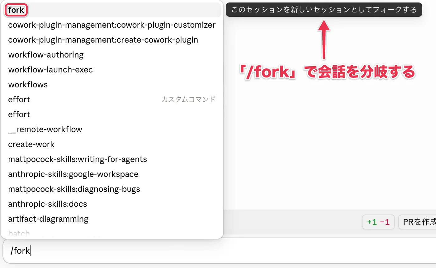 入力欄に/forkと打って表示される説明