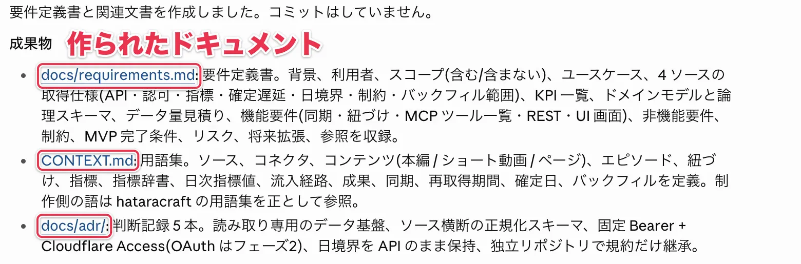 質問が終わった後にAIが作った要件定義書・CONTEXT.md・ADRの一覧