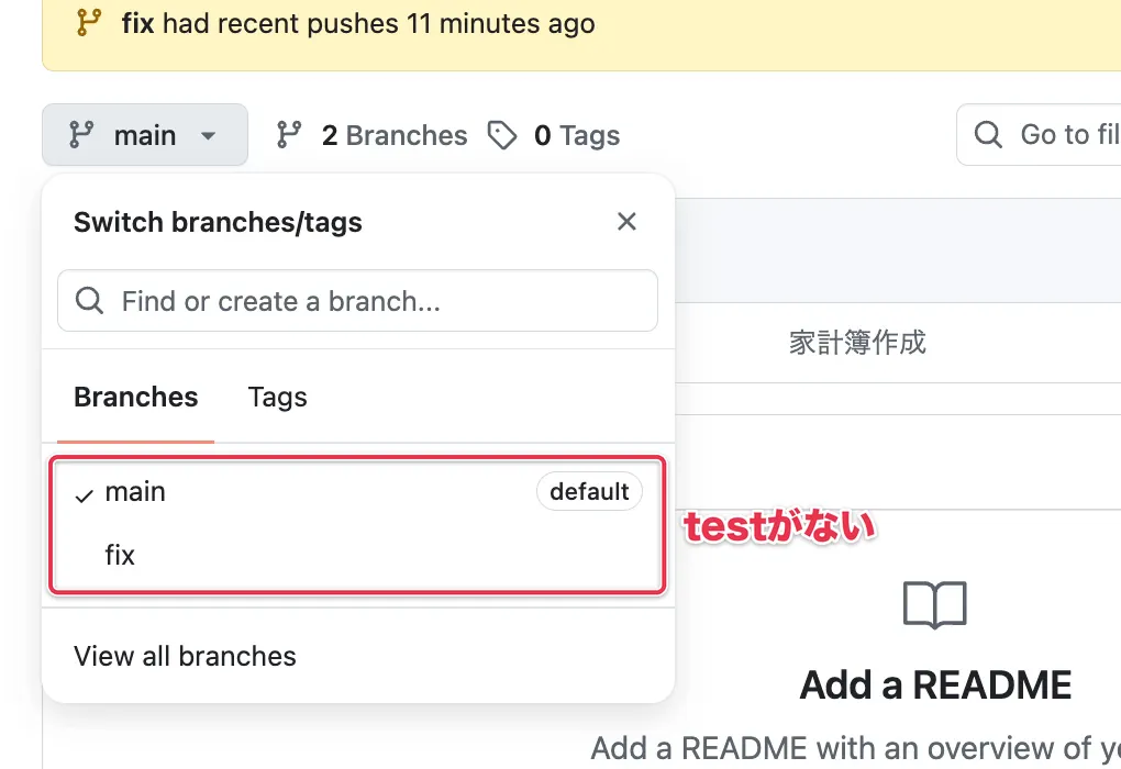 GitHubのブランチ一覧にmainとfixだけがあり、testがない画面