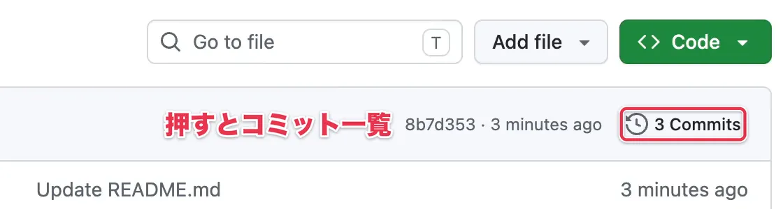 GitHubのリポジトリ画面にある、時計のアイコンが付いた「3 Commits」