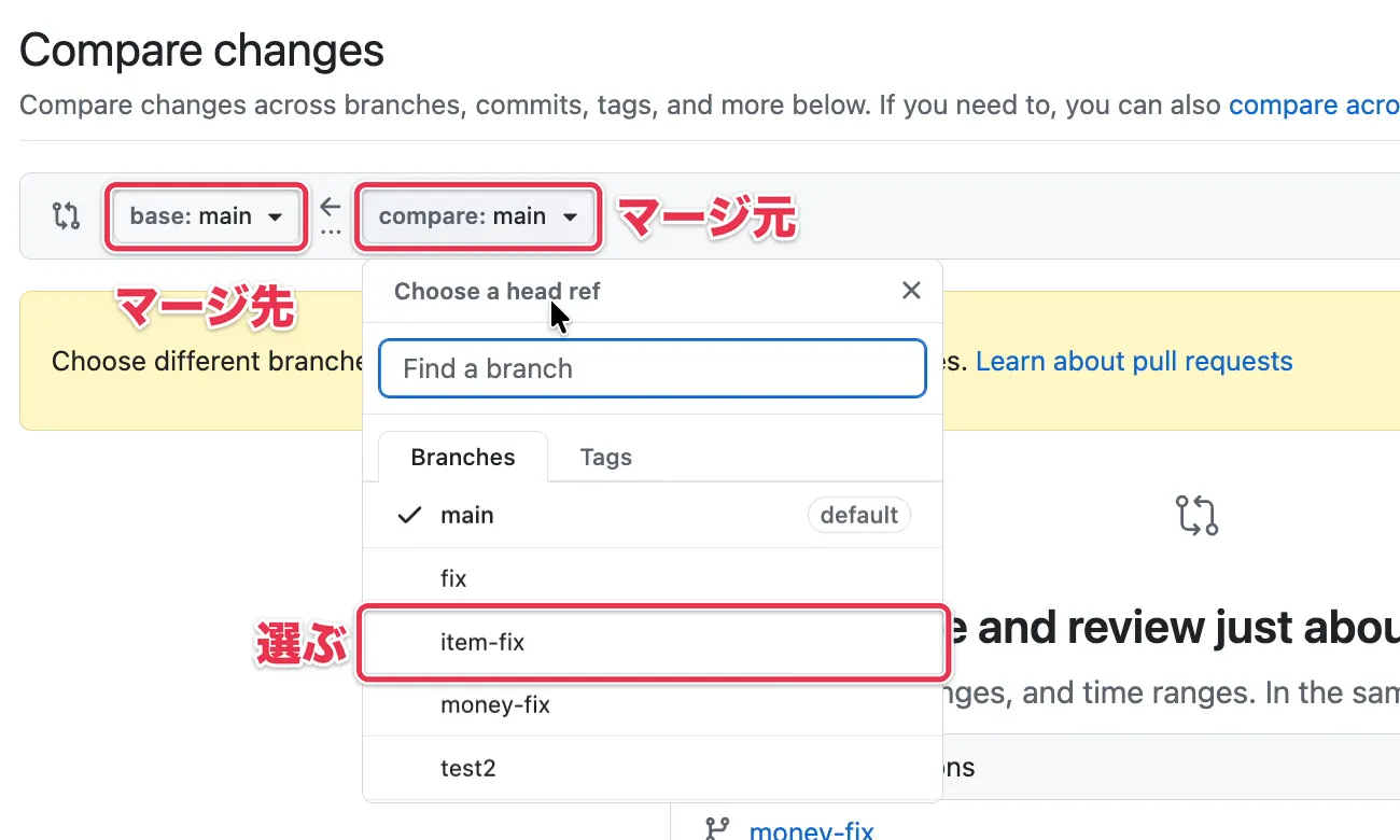 baseがマージ先、compareがマージ元で、compareのメニューからitem-fixを選ぶ画面