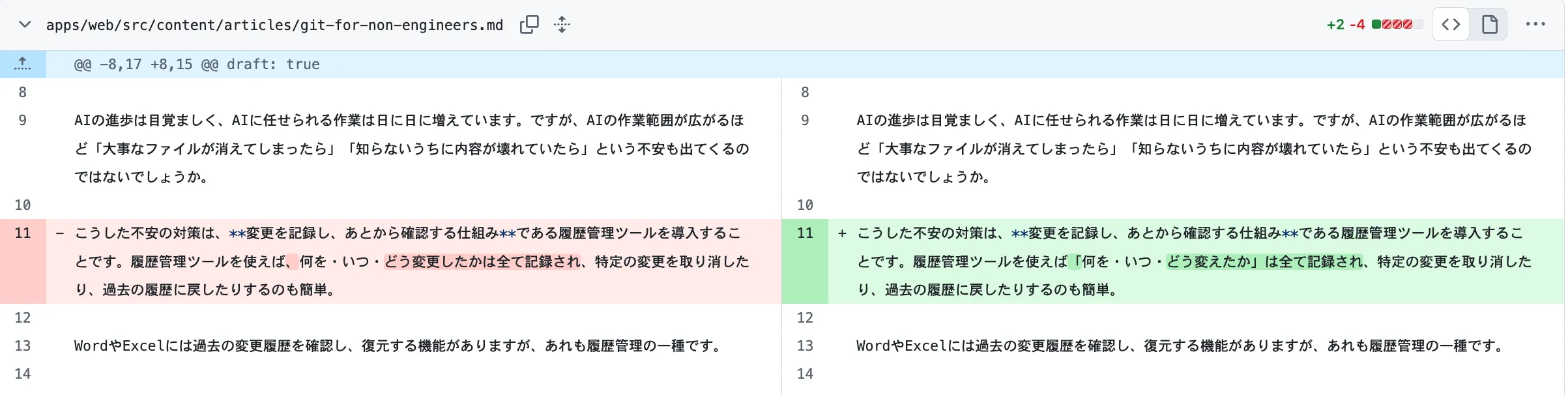 GitHubの差分ビューで、削除した行が赤、追加した行が緑で色分け表示されている画面