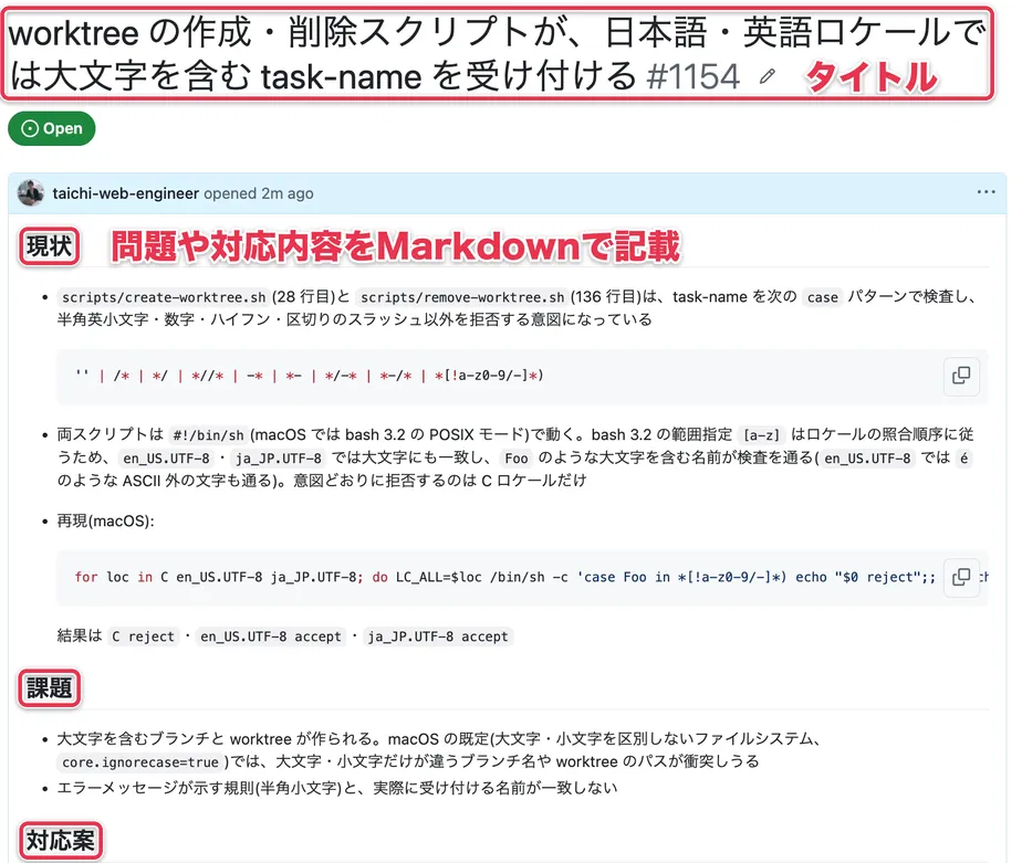 タイトルと、現状・課題・対応案をMarkdownで書いたIssue