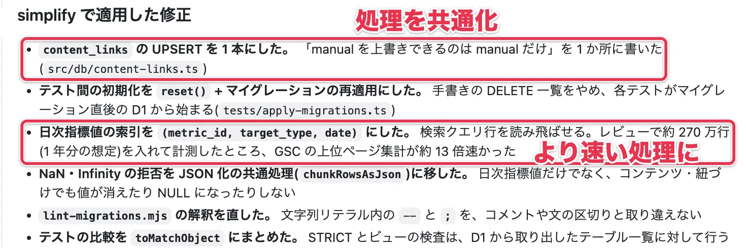 PRの説明欄の「simplify で適用した修正」で、処理の共通化とより速い処理への変更を示した部分