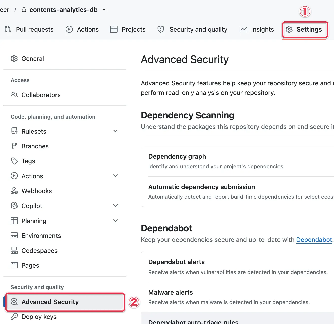 リポジトリの「Settings」と、左のメニューの「Advanced Security」