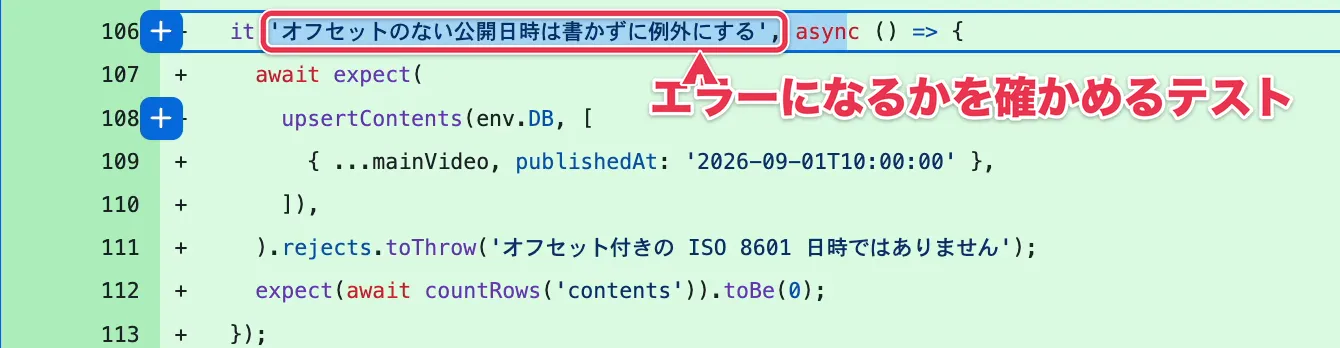 AIが書いた、オフセットのない公開日時でエラーになるかを確かめるテスト