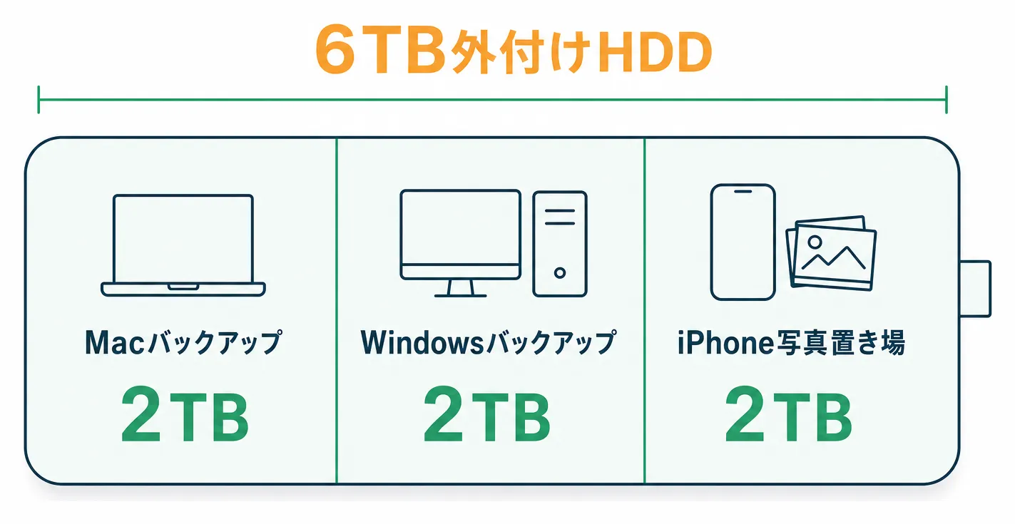 6TBの外付けHDDをMac・Windows・iPhone用の3区画に均等分割した構成図