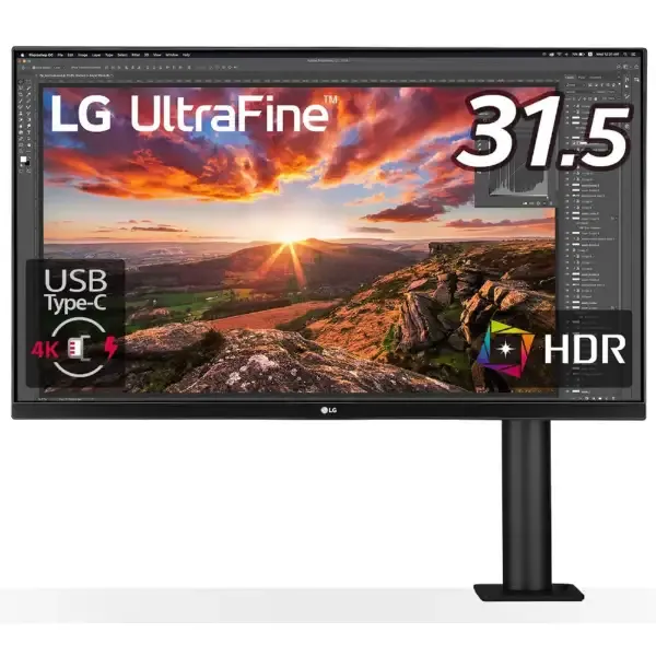 机の端に挟むアームスタンドが付いた、LGの31.5インチ4Kモニター32UN880-B