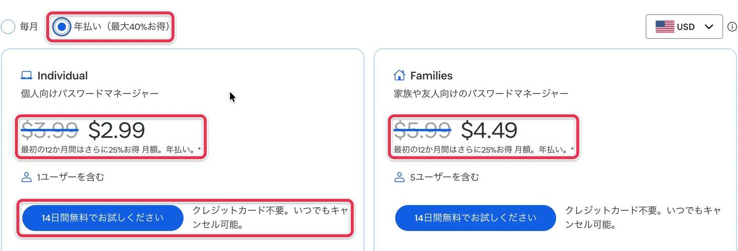 1Password公式の年払いの料金と、14日間の無料体験の案内
