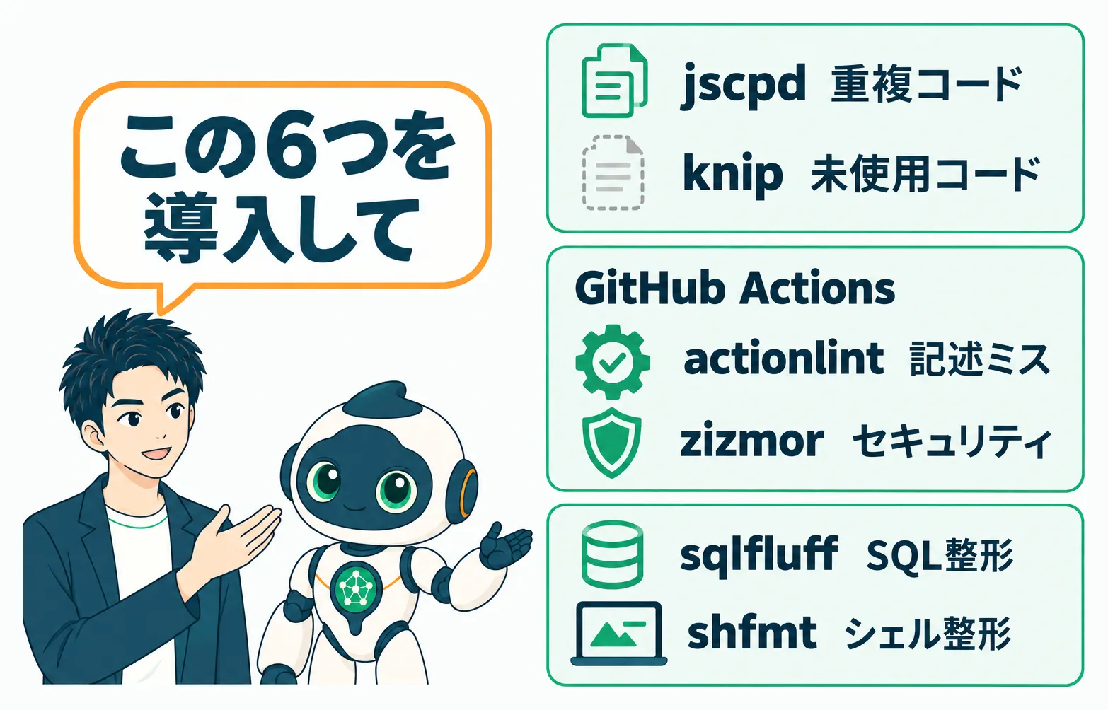 AIに一言頼むだけで導入できる、重複コード・未使用コード・GitHub Actionsの検査・SQLとシェルの整形を担当する6つのツール