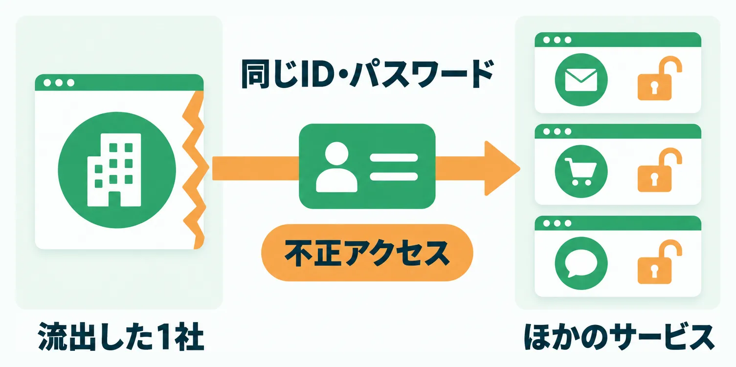使い回したIDとパスワードが1社から流出し、ほかのサービスにも不正アクセスされる流れ