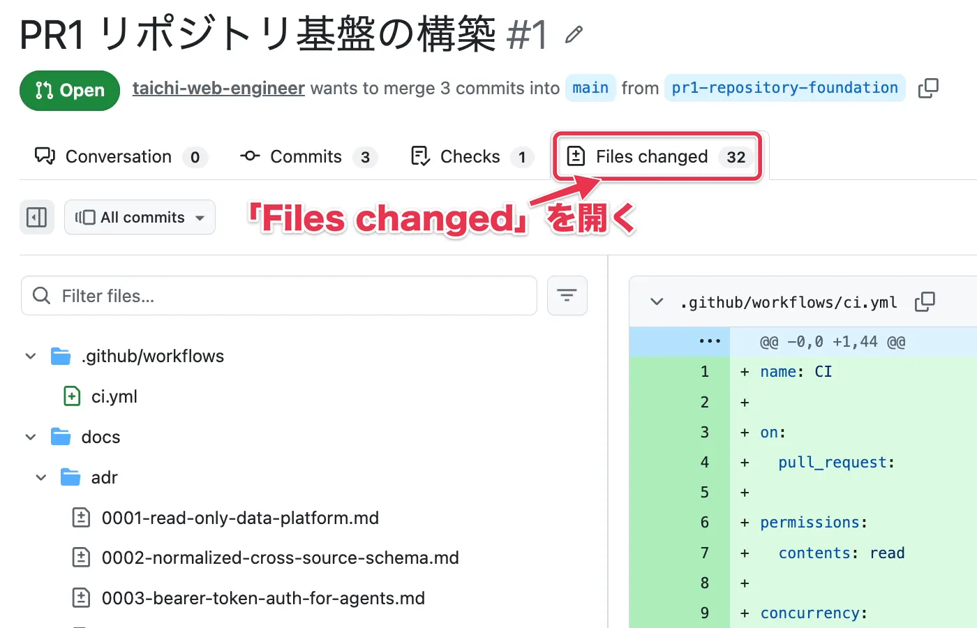 PRの画面上部にある「Files changed」タブ