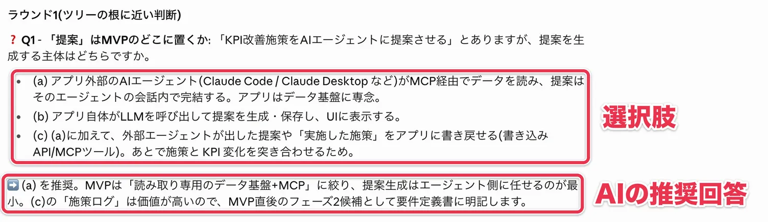 選択肢とAIの推奨回答が付いた、grill-with-docsの最初の質問