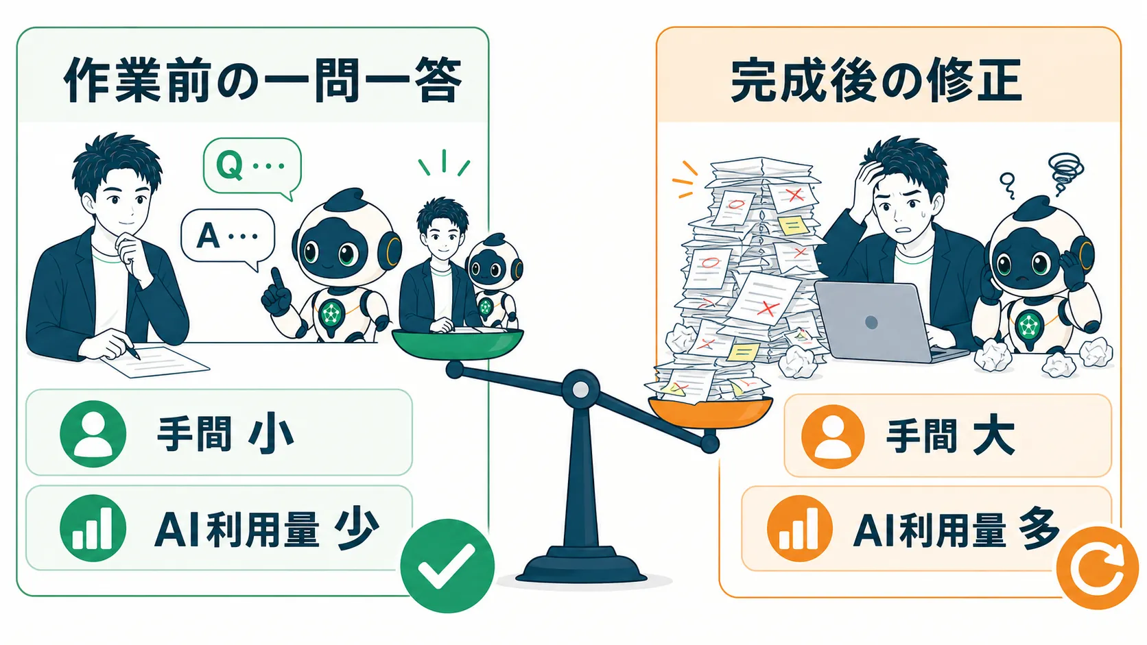 作業前の一問一答と完成後の修正にかかる手間の比較