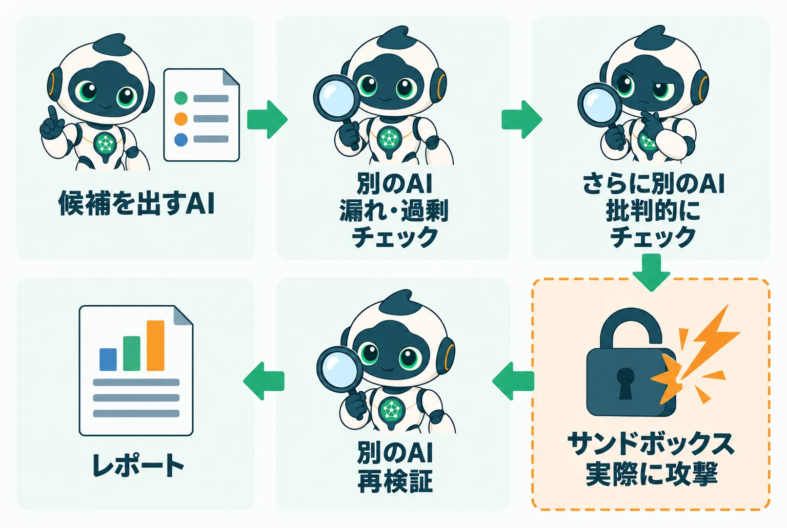 候補を出すAIの後に、別のAIの確認、サンドボックスでの実際の攻撃、再検証を重ねてレポートにまとめる流れ