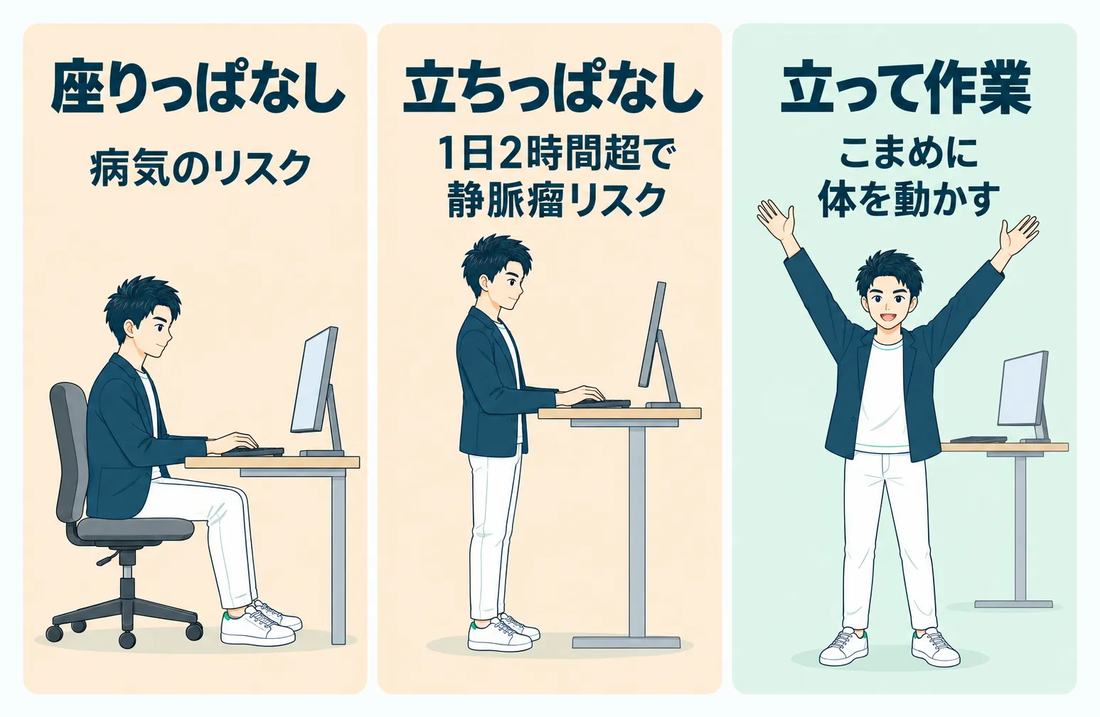 座りっぱなし・立ちっぱなしの健康リスクと、立ってこまめに体を動かす作業の対比図