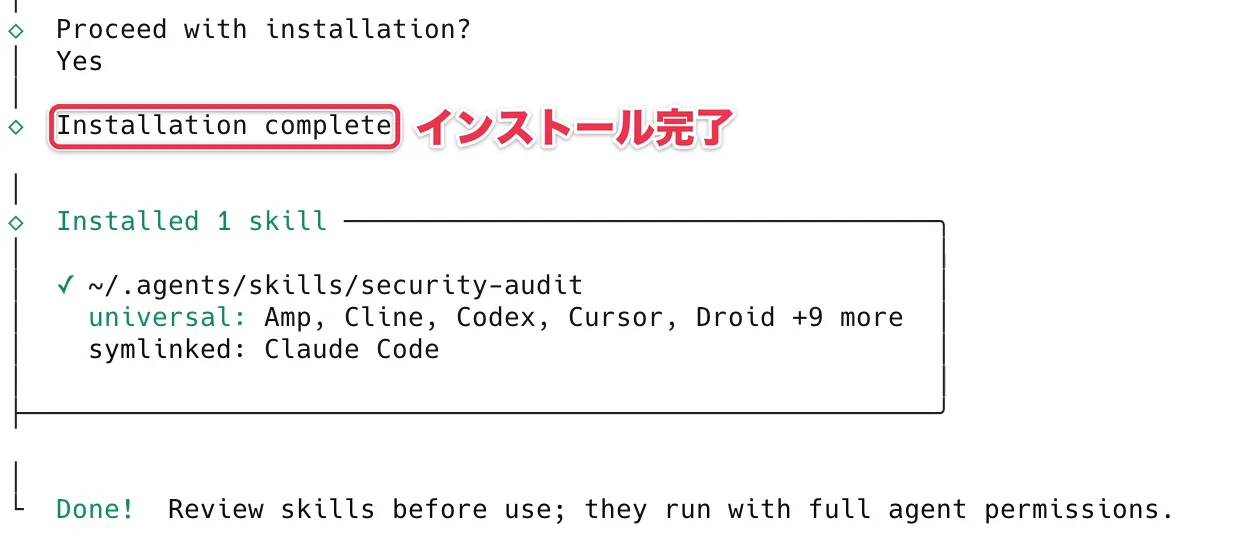 「Installation complete」と、インストールしたスキルの場所が表示された画面