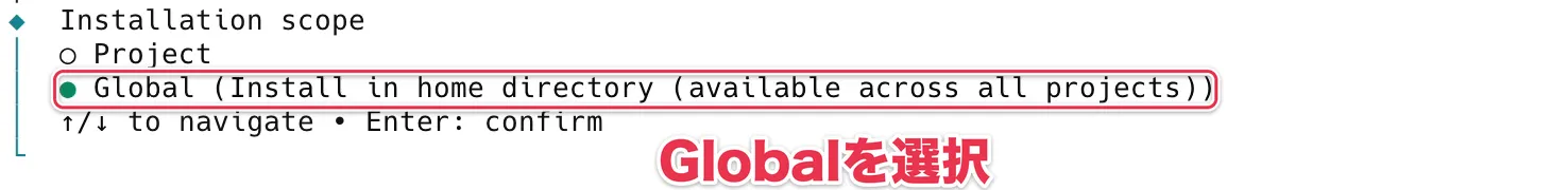 インストール先の範囲を聞く画面で、Globalを選択した状態