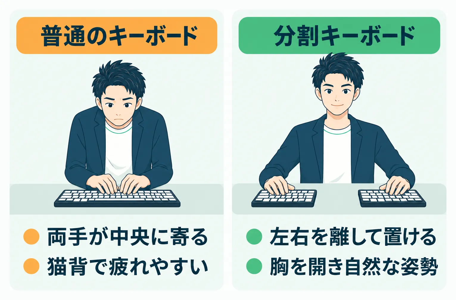 普通のキーボードでは両手が中央に寄って猫背気味になり、分割キーボードでは左右を離して胸を開いた自然な姿勢で打てることを比べた図