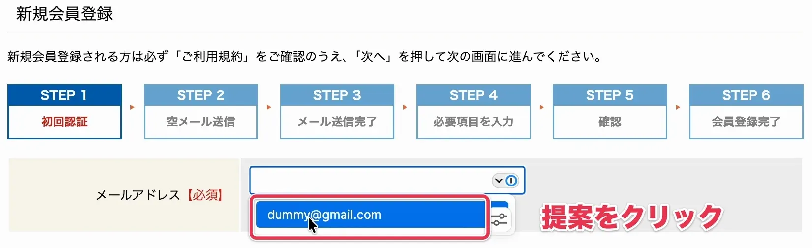 入力欄を開くと1Passwordがメールアドレスを提案し、クリックでフォームに入力される様子