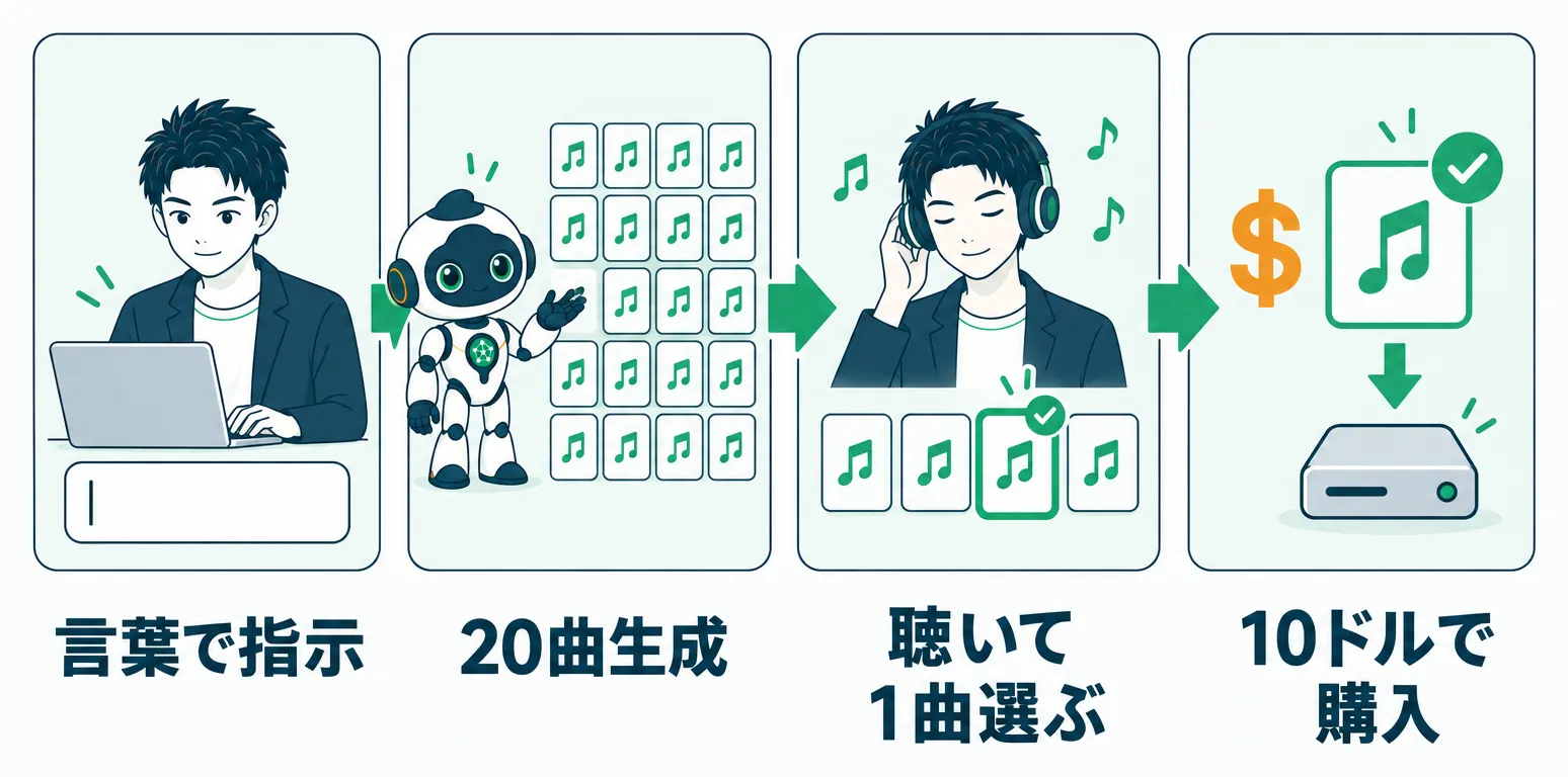 Sunoで曲を大量生成し聴いて選びダウンロードするまでの流れ