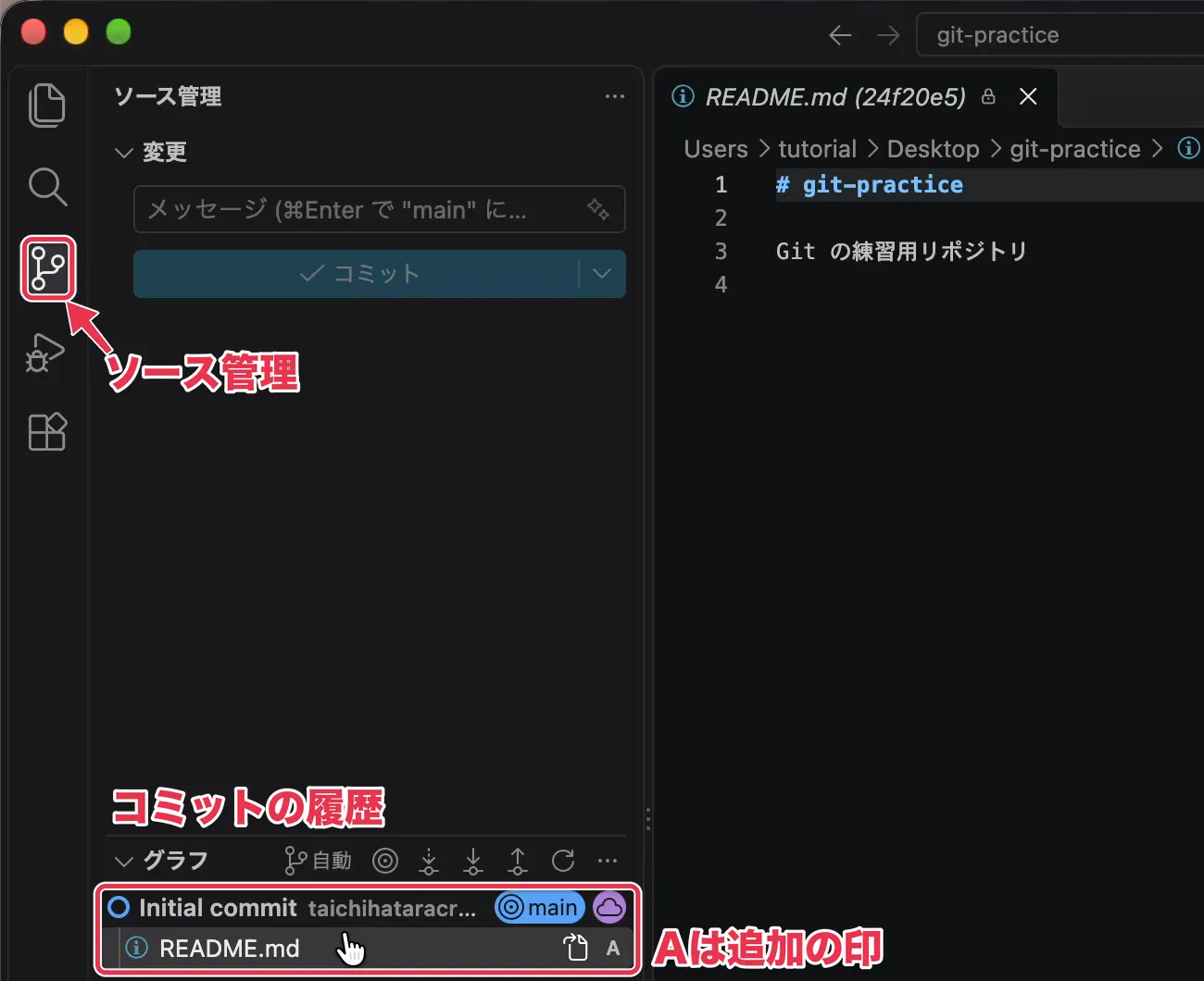 VS Codeの左端のソース管理アイコンと、下のグラフに表示されたコミットの履歴