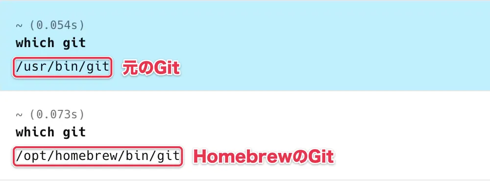 which gitの結果が、元のGitの/usr/bin/gitからHomebrewのGitの/opt/homebrew/bin/gitに変わったWarpの画面